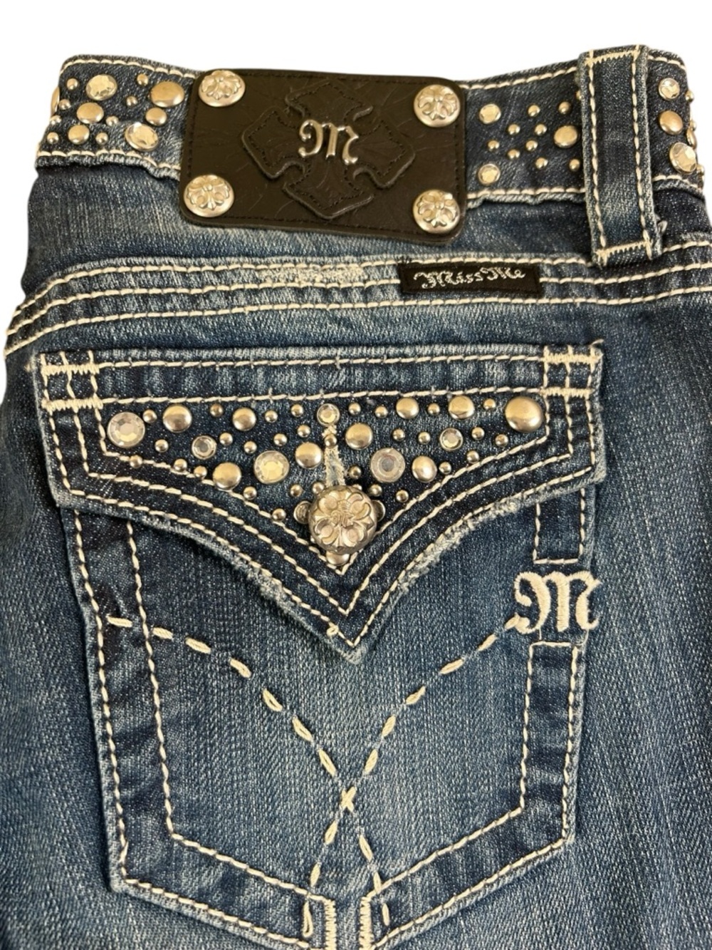 MISS ME Bootcut Jeans Sz 28 Blue Studded Rhinestone Flap Pocket Embellished